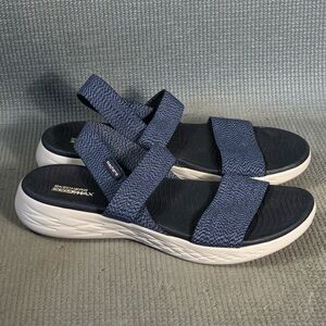 Skechers Goga Max Blue White Comfort Elastic Stretchy Sandals Women’s Size 8